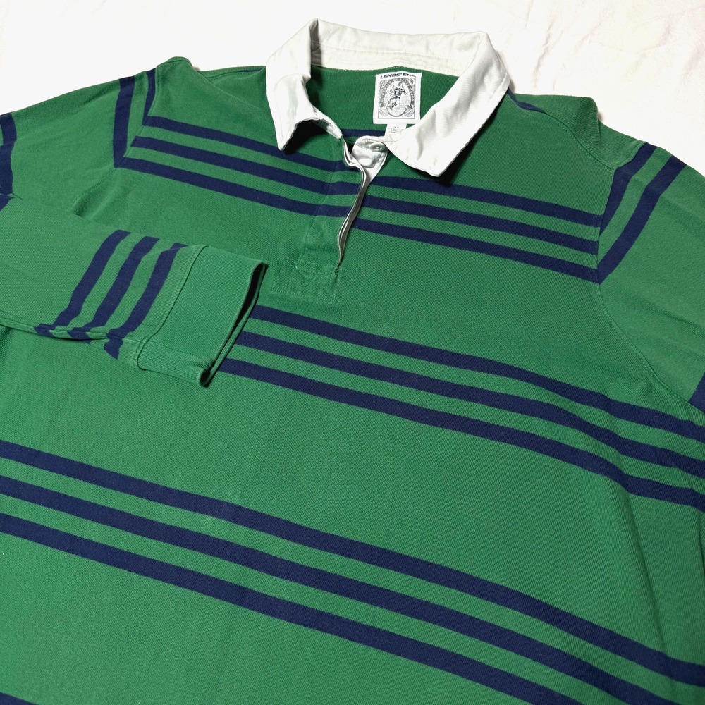 Vintage Lands End Rugby Polo Shirt Green Striped Womens Plus 3X 24W-26W